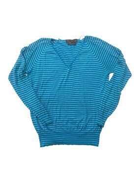 ZARA‎ Striped V-Neck Coastal Blue Sweater L Silk Nautical Ribbed Quiet Luxury